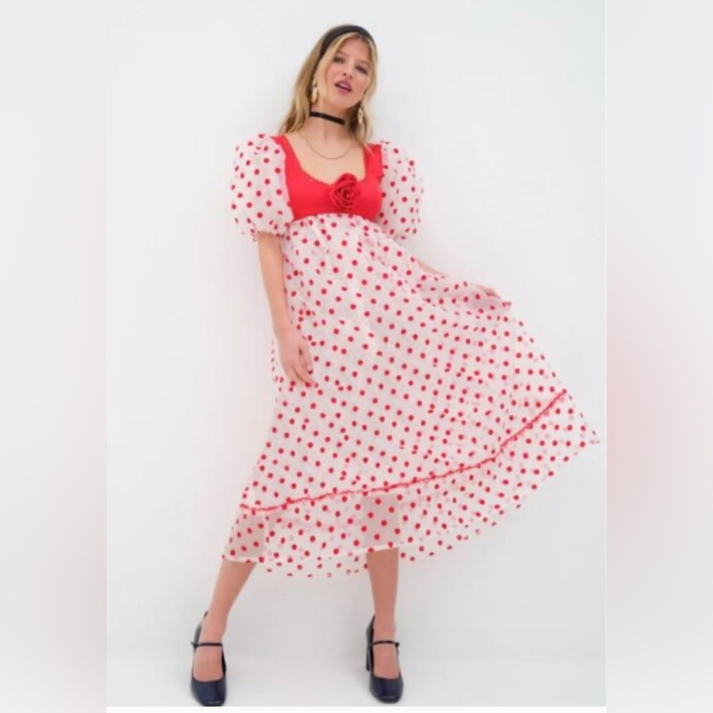 For Love & Lemons Rhoda White & Red Polka Dot Midi Dress